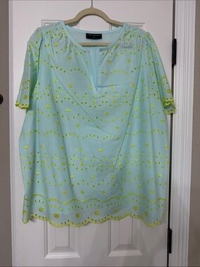 Lane Bryant Mint Top with Yellow Eyelet Embroidery